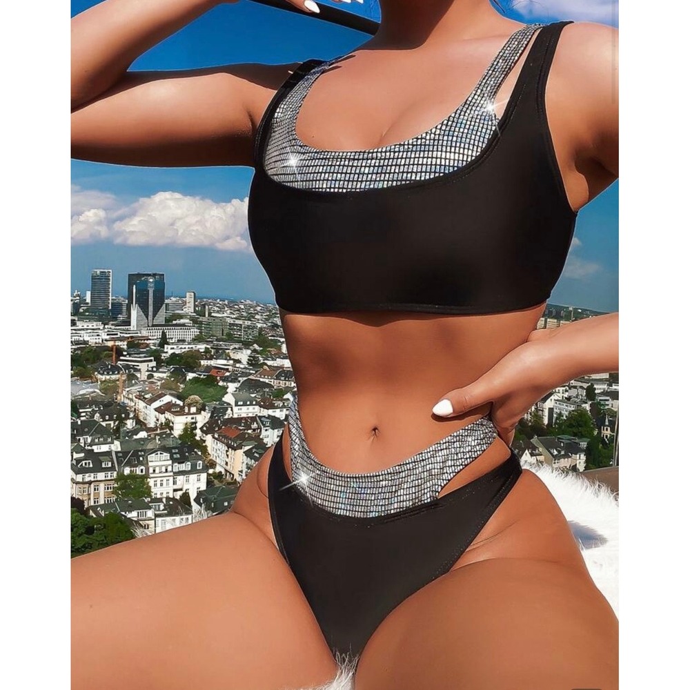 SHEIN Bikini Set Women Large Black Silver Metallic Layered High Cut L